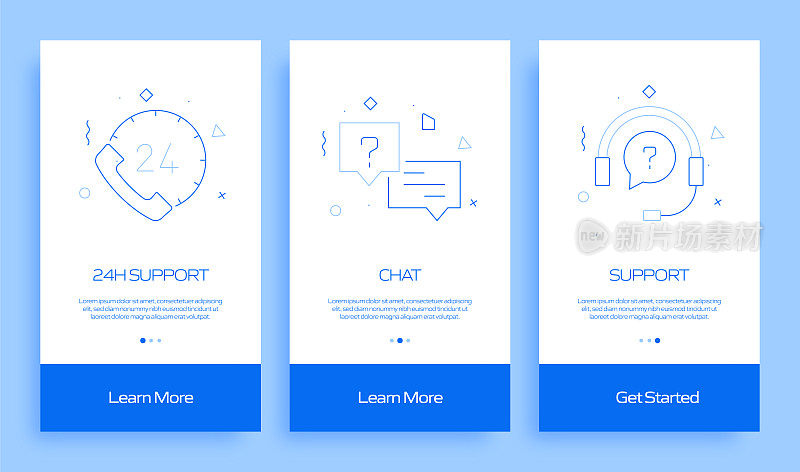 帮助和支持概念Onboarding移动应用程序页面屏幕与平面图标。UX, UI设计模板矢量插图